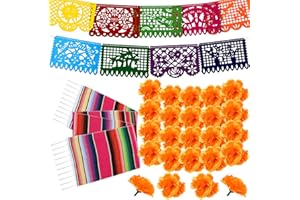 Funtery 50 Pcs Marigold Flower Heads Bulk Day of The Dead Decor Altar De Ofrendas Dia De Muertos Decoration 9 Pcs Mexican Papel Picado 1 Mexican Table Runner Supplies(Orange, Rose Red)