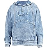 STOLKISS Women Denim Hoodies Casual Button Down pullover Long Sleeve Jean Tops Jacket Trendy Cropped Sweatshirt with Pockets