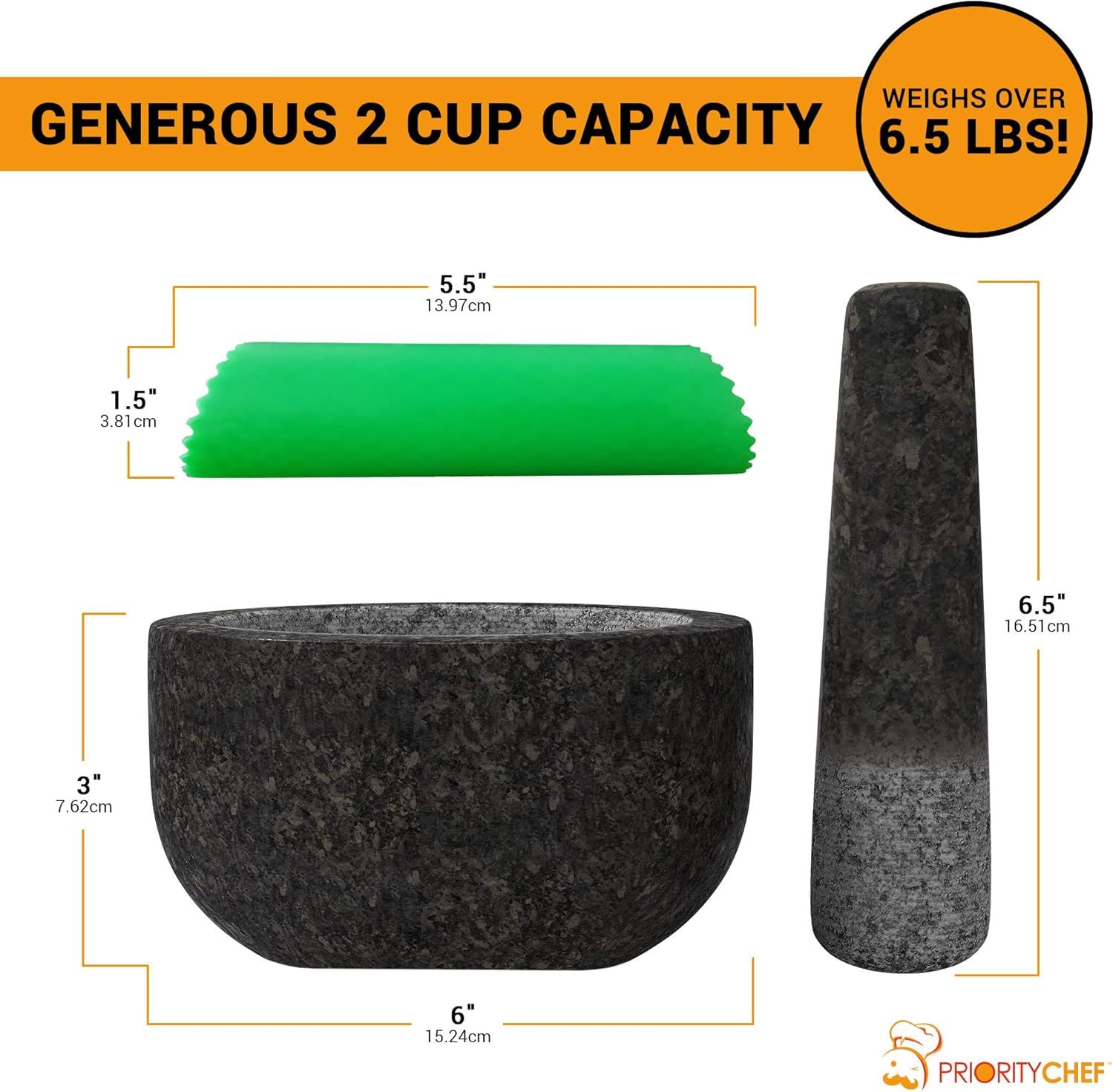 PriorityChef Mortar and Pestle Set, 100% Natural Granite with Polished Black Exterior Finish, 2 Cup Capacity, Silicone Garlic Peeler Included: Kitchen & Dining