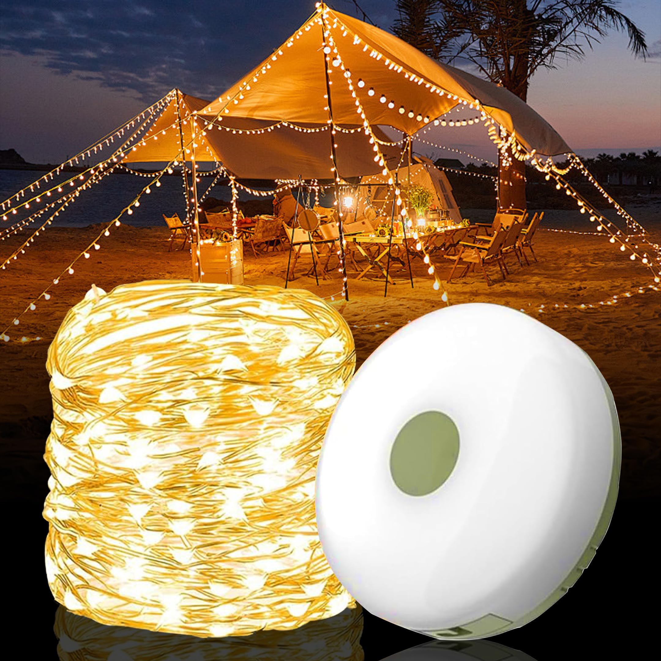 MEMOEVER Camping String Lights, 2 in 1 Outdoor Rechargeable String Light, Solar Camping String Lights, Waterproof Portable LED Tent String Light for Camping Outdoor (10m, Warm Light)