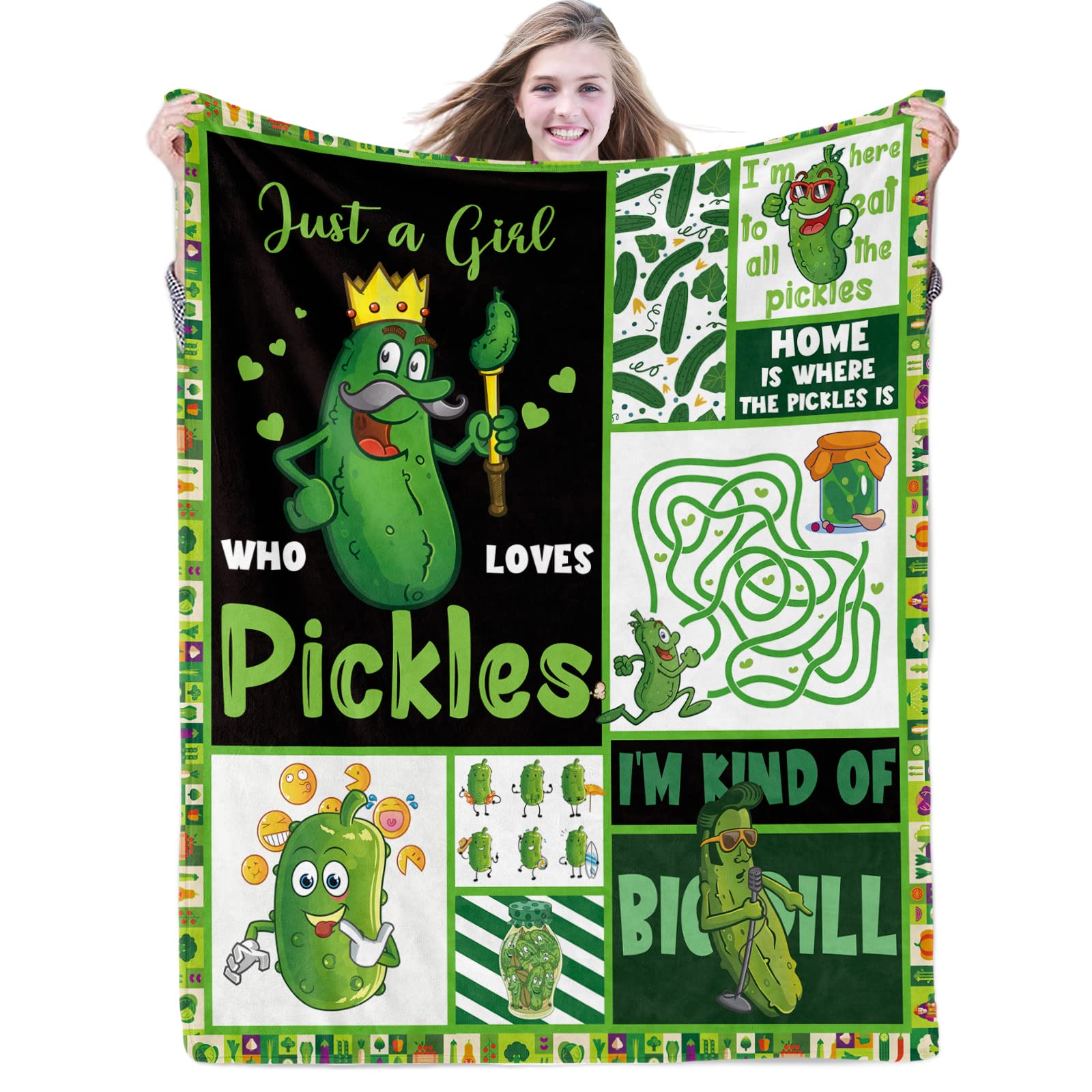 Domgoge Just a Girl Who Loves Pickles Blanket Funny Throw Blankets Gifts for Girls Lightweight Plush Flannel Fleece Couch Sofa All Season, 130cm x 152cm, Green Pickles-girl (TZ-00324-50x60-pickles)