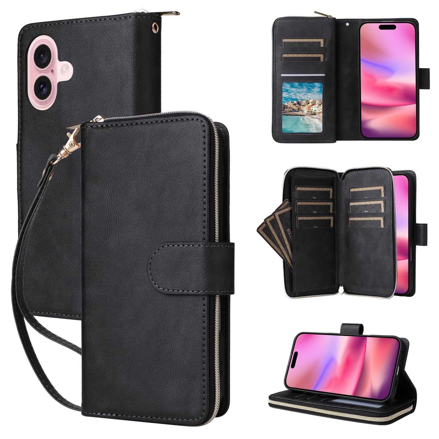 Unichthy For iPhone 16 Case 9 Card Holder Zipper Bag with Strap Shockproof Leather Flip Wallet Handbag Zip Pocket Phone Cover Stand Folio Magnetic Purse for iPhone 16 Black