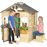 Outsunny Outdoor Playhouse Working Door Windows Bench for 3-7 Years Natural | Wooden, Service Station, Flower Pot Holder, Cottage Play House, Pretend Play