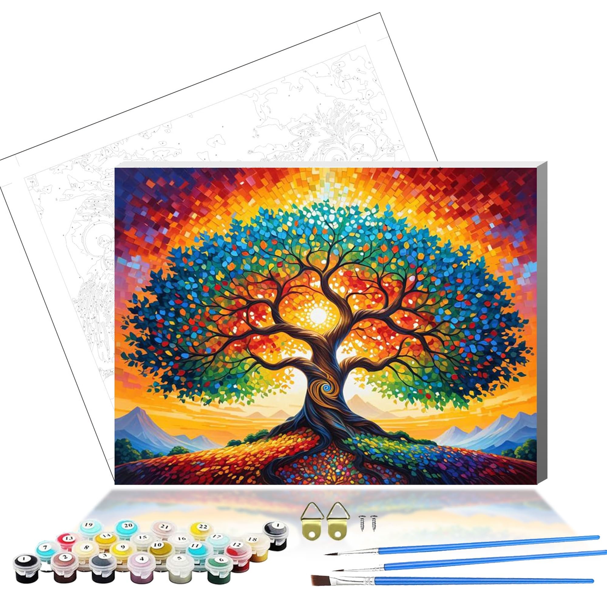 HEFEIS DIY Paint by Numbers for Adults,Wooden Framed Painting by Number Kits on Canvas,Acrylic Easy Color by Numbers for Beginner,Small Gifts Decor for Home Wall Room (Tree)