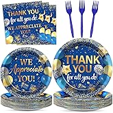 96Pcs Thank You Party Decorations We Appreciate You Plates and Napkins, Blue Gold Appreciation Paper Plates for Teachers Employee Staff Pastor Volunteer, Retirement Party Decor Serve 24