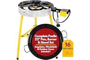 Paelluxe Paella Burner and Stand Set 16 Servings, 22 Inch Paella Pan, Dual Propane Outdoor Stove with Stand & Regulator, Portable Gas Cooker for Camping Crawfish Boil Cooking Outdoor, Paellera Propano