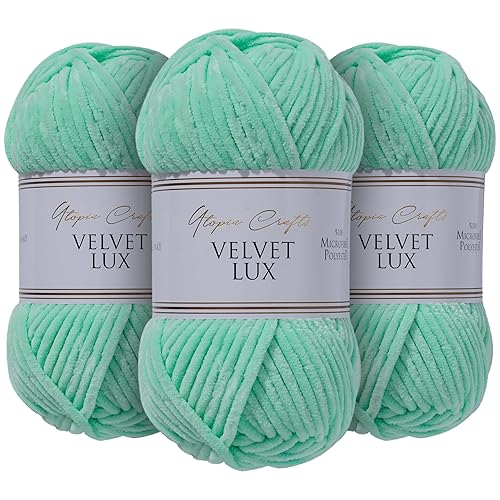 Utopia Crafts Velvet Lux Chenille Super Soft Chunky Yarn for Knitting and Crochet Yarn 3X 100g (Pale Teal)