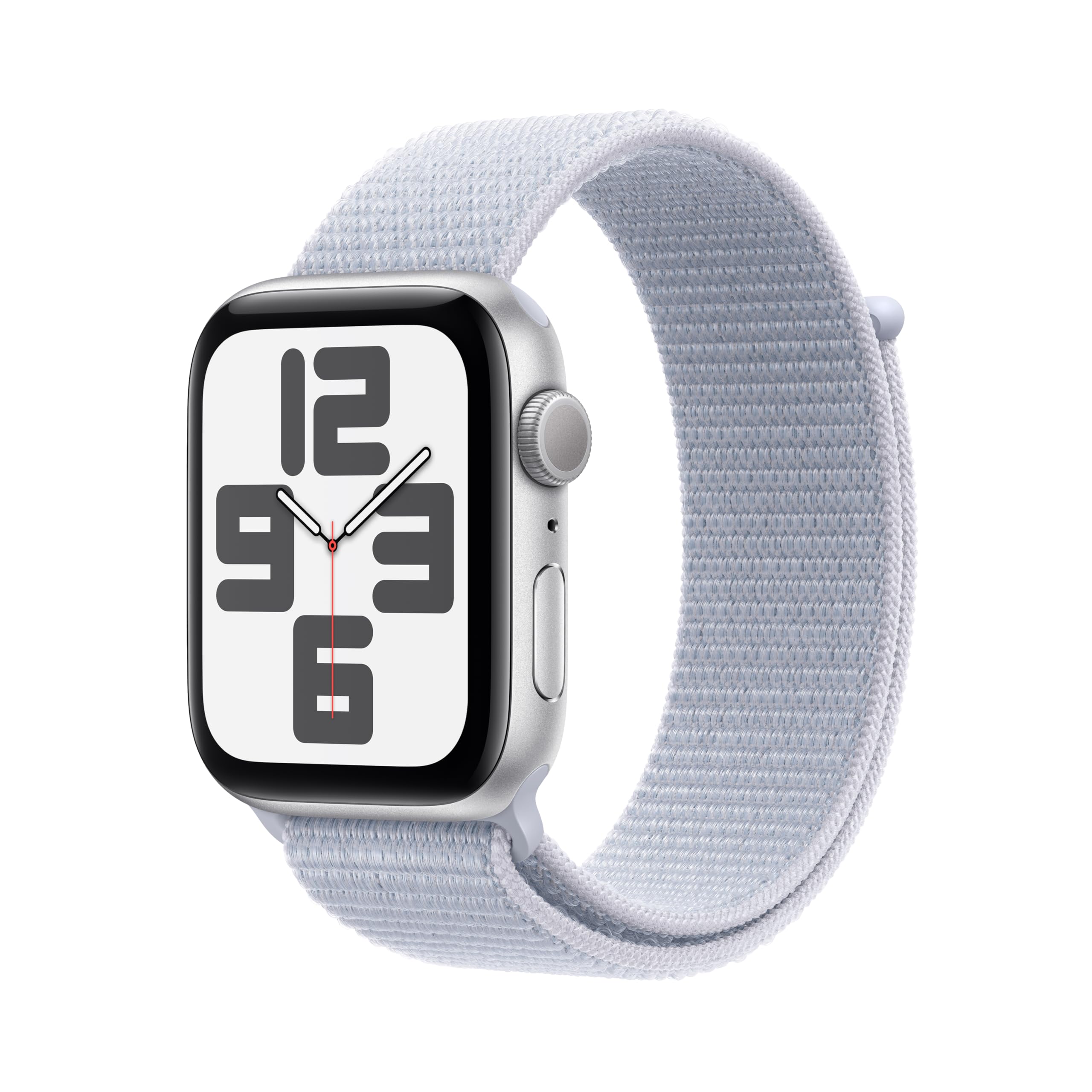 Photo 1 of Apple Watch SE (2nd Gen) [GPS 44mm] Smartwatch with Silver Aluminum Case with Blue Cloud Sport Loop One Size. Fitness and Sleep Trackers, Crash Detection, Heart Rate Monitor, Carbon Neutral