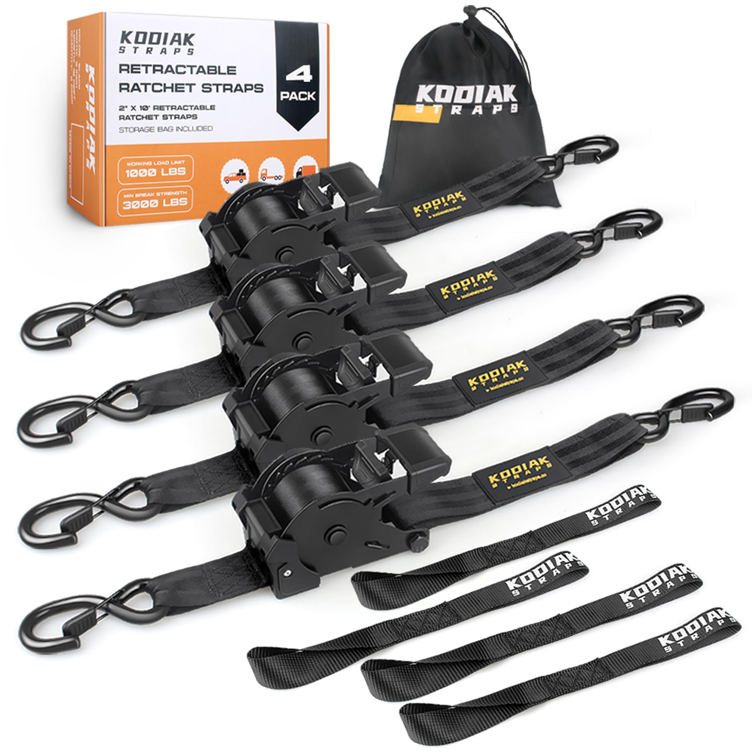 Photo 1 of Retractable Ratchet Straps 2" x 10ft, 3,000lb Break Strength, Heavy Duty Easy Release Tie Down for Trucks, Trailers, Motorcycles, ATVs, Secure Cargo KODIAK STRAPS (4 Pack)