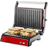 OVENTE Electric Indoor Panini Press Grill + Sandwich Maker, Red GP0620R | Opens 180 Degrees to Fit Any Type or Size of Food, 1000W Indoor Cooking Perfect for Quesadillas, Burgers &amp; More