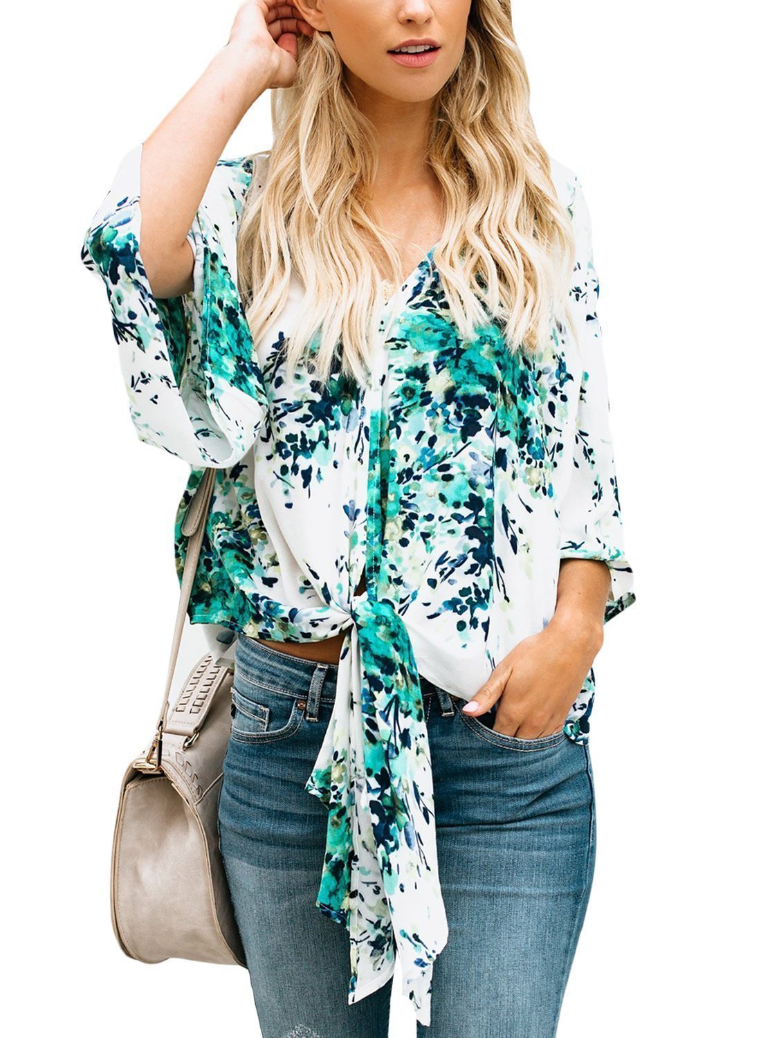 JunJunBag Women\'s 3/4 Sleeves Floral Printed V-Neck Bow Tie Casual Blouses Tops