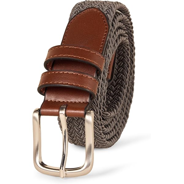 thumbnail image 2 of Beige/White Woven Elastic Stretch Belt – 1-1/4" Wide, Leather Covered Buckle, Faux Leather Accents, Unisex 2 of 6
