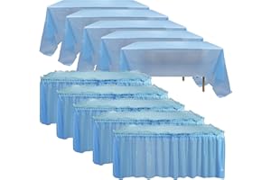 frtzal 5 Pack Plastic Table Skirts for Rectangle Tables with 5 Pack Table Cloths, Disposable Plastic Table CoverBlue Table Skirts and 54" x 108" Tablecloths,for Party Birthday Baby Shower