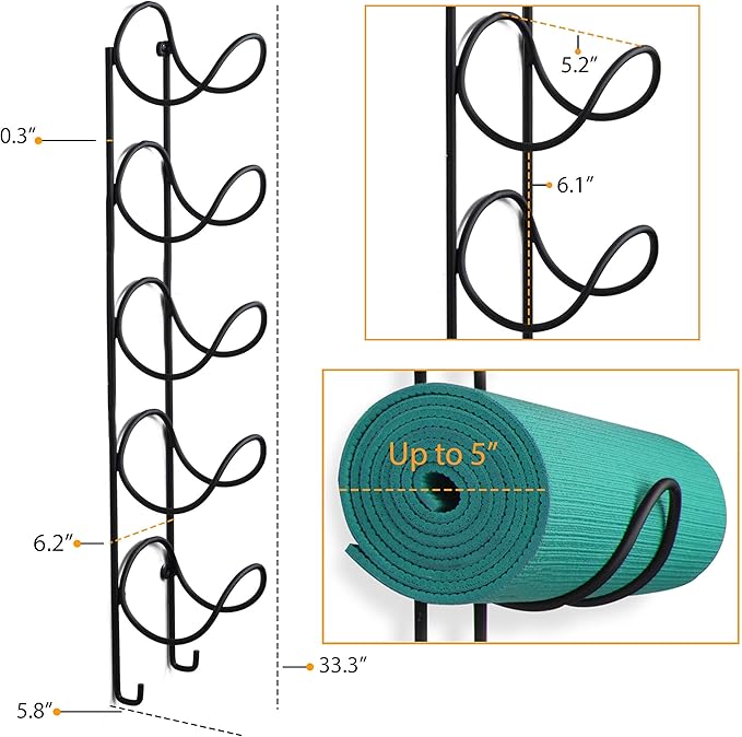 Amazon Wallniture Moduwine ヨガマット ストレージラック タオルラック フック付き ヨガストラップ レジスタンスバンド ホームジム スタジオ用 5段 メタルブラック Wallniture マット