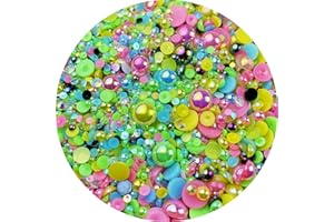 HONKOOLLY Mix Flatback Pearls and Rhinestone,60g Resin Rhinestones Half Round Pearls for Crafts 3mm-10mm AB Color Half Pearl Flatback Rhinestone for Nail Face Art,Bottles (Blue Green Pink Series)