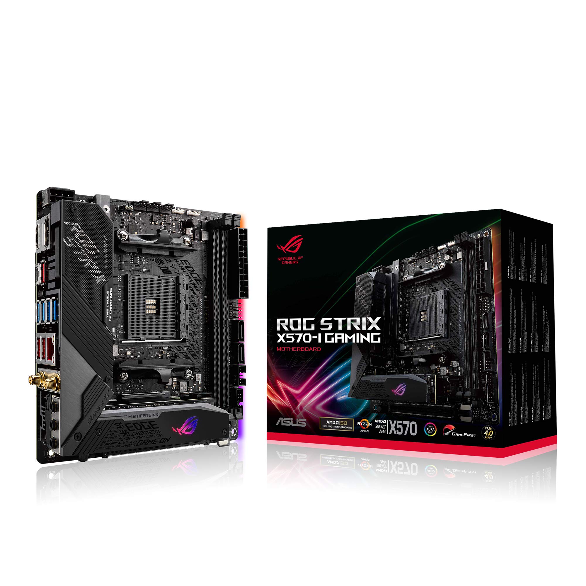 ASUS ROG Strix X570-I Gaming, Mini-ITX Gaming Motherboard, AMD, Ryzen 3000, 10 Power Stages, PCIe 4.0, M.2, DDR4, HDMI, DP, Wi-Fi 6(802.11ax), Intel LAN, USB 3.2, Aura Sync RGB, SATA, SFF