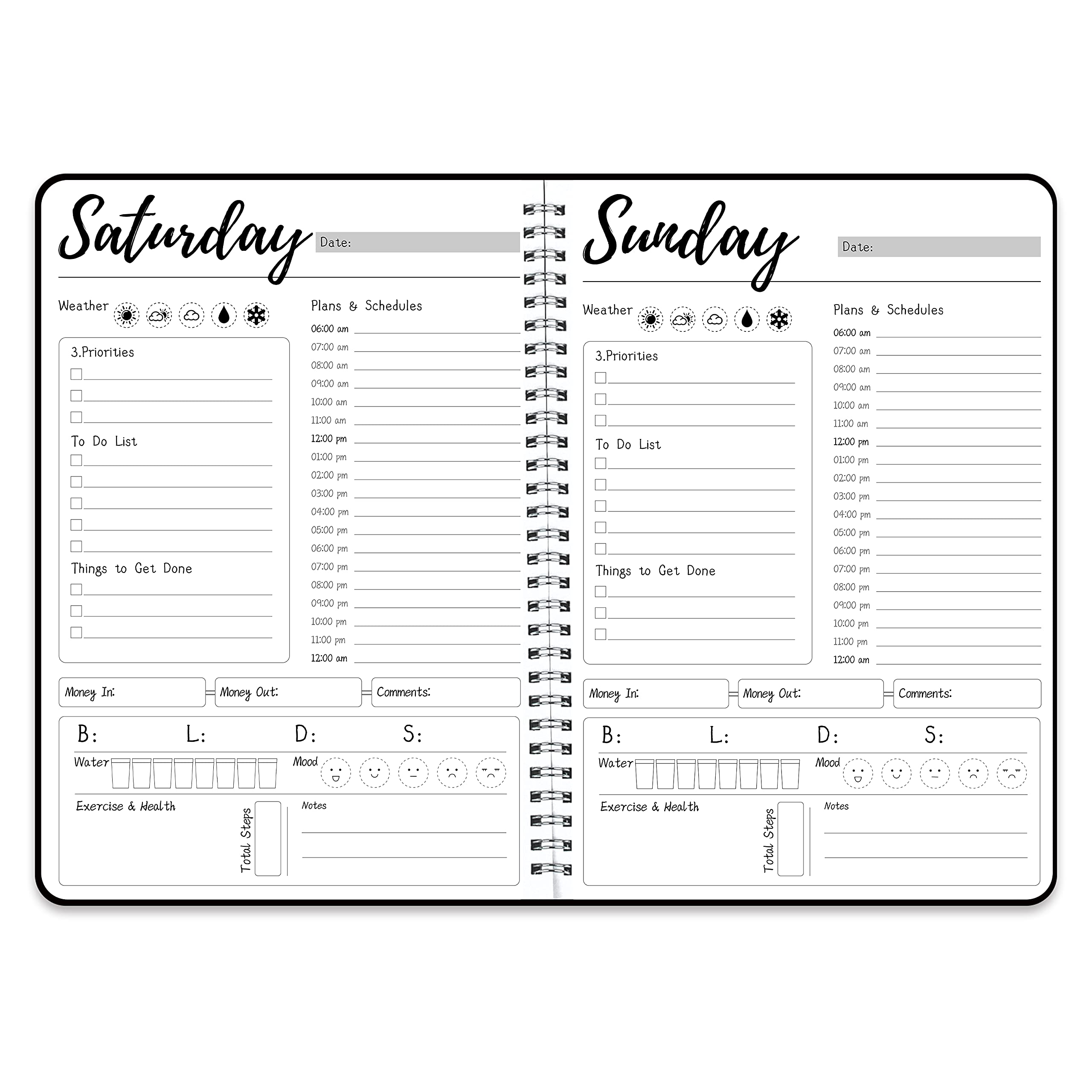 Work Planner,Daily & Weekly Spiral Planner with Hourly Schedules, To Do List, Tasks, Expense tracker, Undated 7 Days Planner Start Anytime, Flexible PVC Waterproof Cover, 10x7.3 inches
