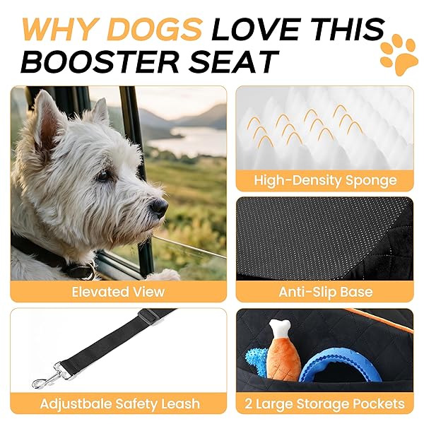 HIPETPY DOG CAR SEAT 6″ ELEVATED MEMORY FOAM BOOSTER SEAT FOR SMALL MEDIUM DOGS UNDER 35 LBS WITH PET BLANKET, WASHABLE PET CAR SEAT WITH SAFETY LEASH, ANTI-SLIP BASE AND STORAGE POCKETS