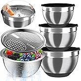 Nicdiet Mixing Bowls with Airtight Lids, Stainless Steel Mixing Bowl Set with 3 Metal Nesting Bowls, Colander & Grater, Non-Slip Bottoms, Size 1.5, 2.5, 5 QT, Great for Mixing & Serving, Black