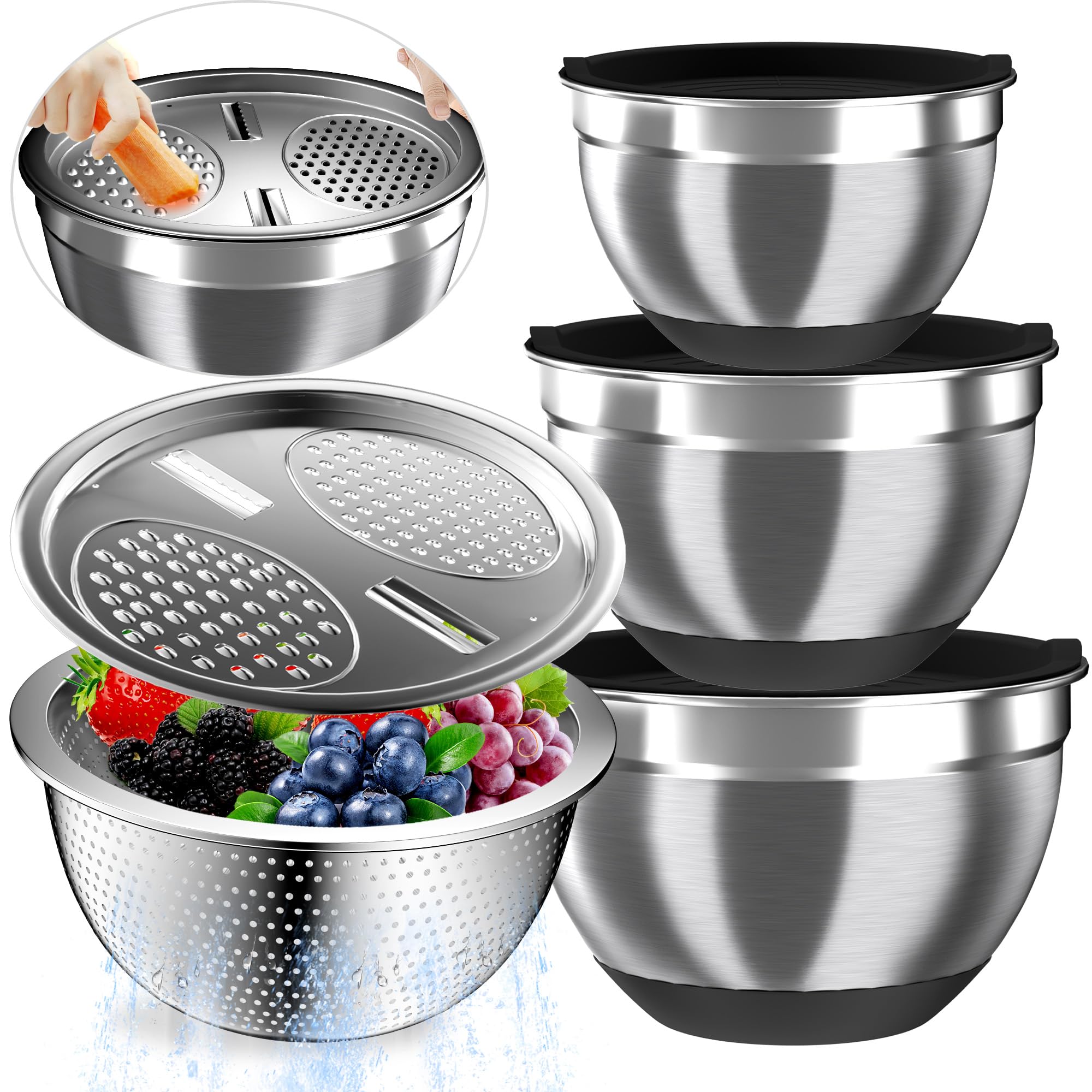 Photo 1 of Mixing Bowls with Airtight Lids, Stainless Steel Mixing Bowl Set with 3 Metal Nesting Bowls, Colander & Grater, Non-Slip Bottoms, Size 1.5, 2.5, 5 QT, Great for Mixing & Serving, Black