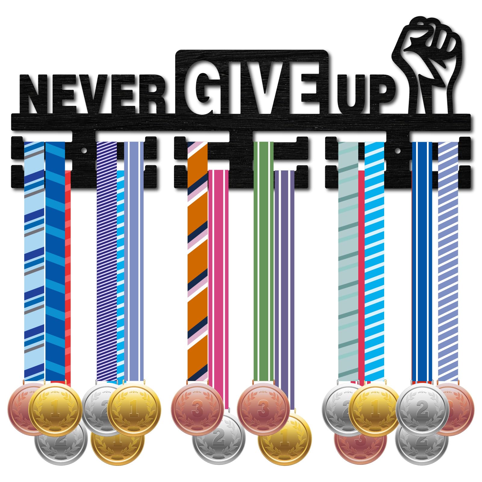 CREATCABIN Never Give Up Medal Holder Hanger Medal Display Rack Award Ribbon Organizer Wooden Sports Medal Stand Frame Shelf Hanging Medals Wall Mounted Plaques Hanger for Athlete 15.7 x 6Inch