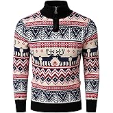 HOOD CREW Men’s Ugly Christmas Sweater Holiday Party Casual Slim Fit Knitted Pullover Sweaters with Quarter Zip