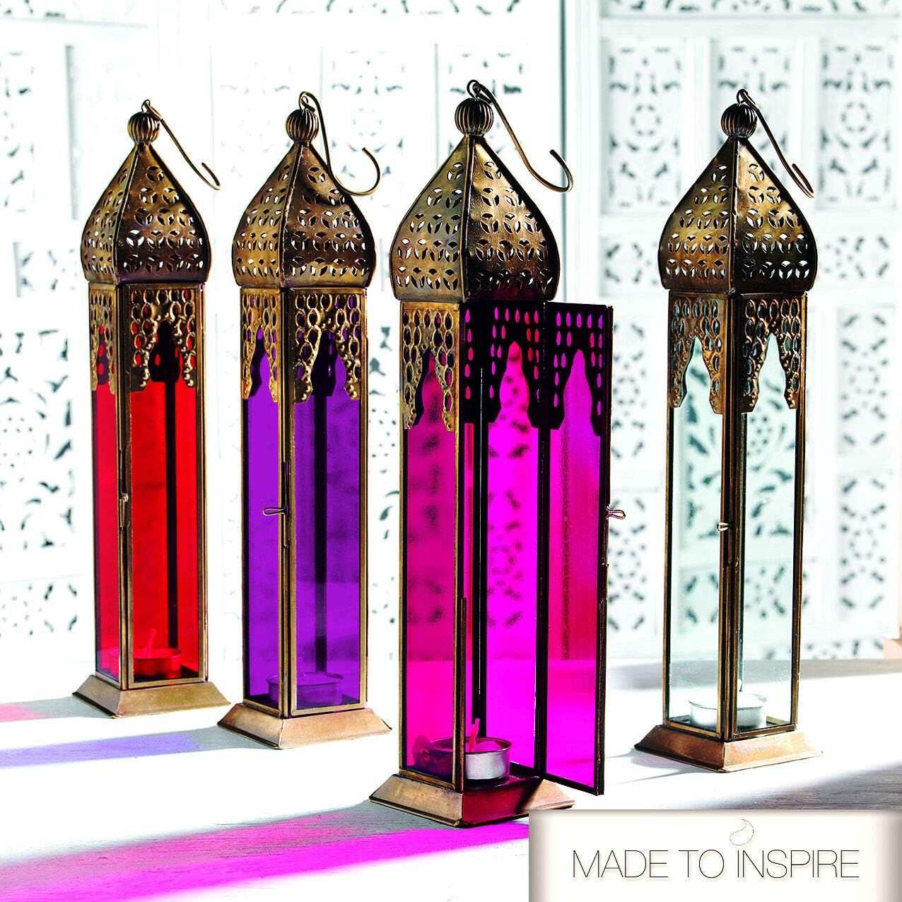 Premium Authentic Moroccan Lanterns Lampshade Style Large Classic Vintage Turkish Indoor Garden Plain Glass Lantern Hanging / Desk Candle Tea Light Holders for Wedding Decorations (Pink)
