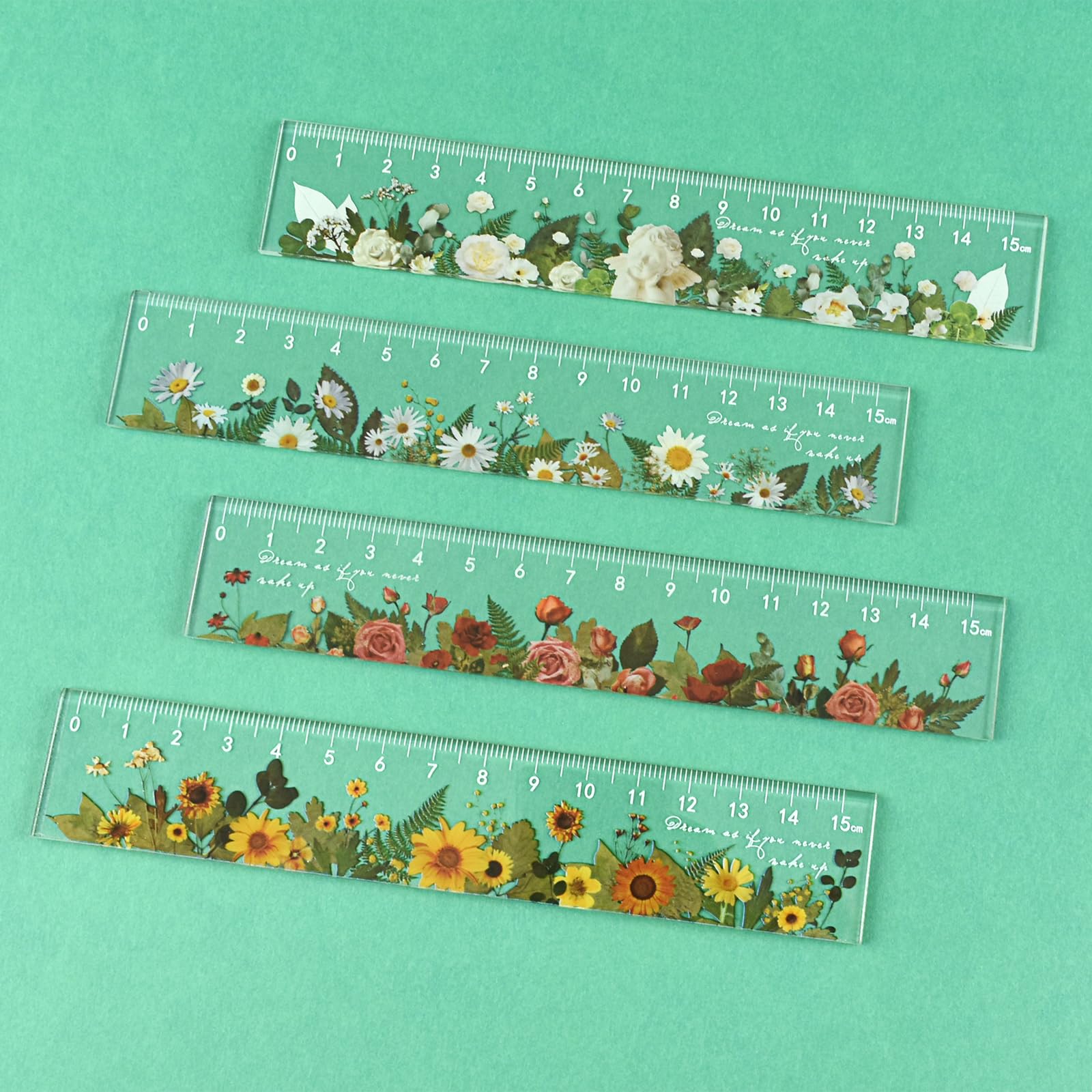 BAYTORY 4 Pack Clear Plastic Rulers 6 Inch, Aesthetic Acrylic Small Ruler, Measuring Drafting Metric Bulk Ruler with Centimeters for School Home Office (Clear Flower 6 Inch)