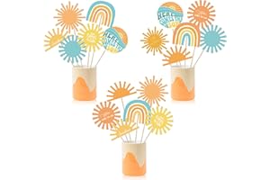 G1ngtar 30Pcs Here Comes The Son Party Centerpiece for Table Toppers Retro Hippie Bohemian Photo Props Sticks Muted Sun Rainb