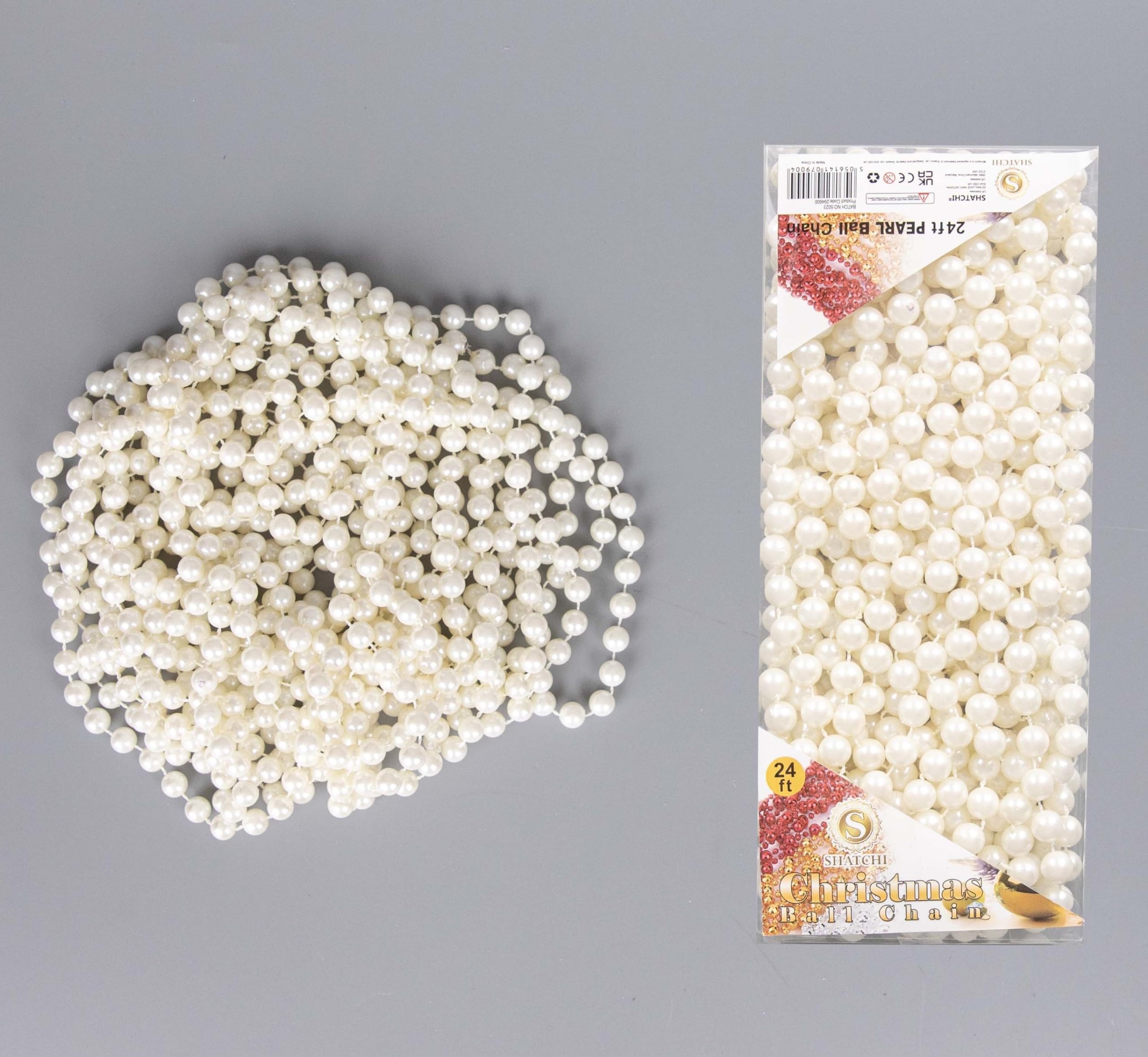 7.2m (24ft) Pearl Shiny Christmas Bead Chain Metallic Xmas Beaded Garland Artificial Pearls Tinsel For Christmas Tree Hanging Decorations DIY Art & Crafts Jeweller