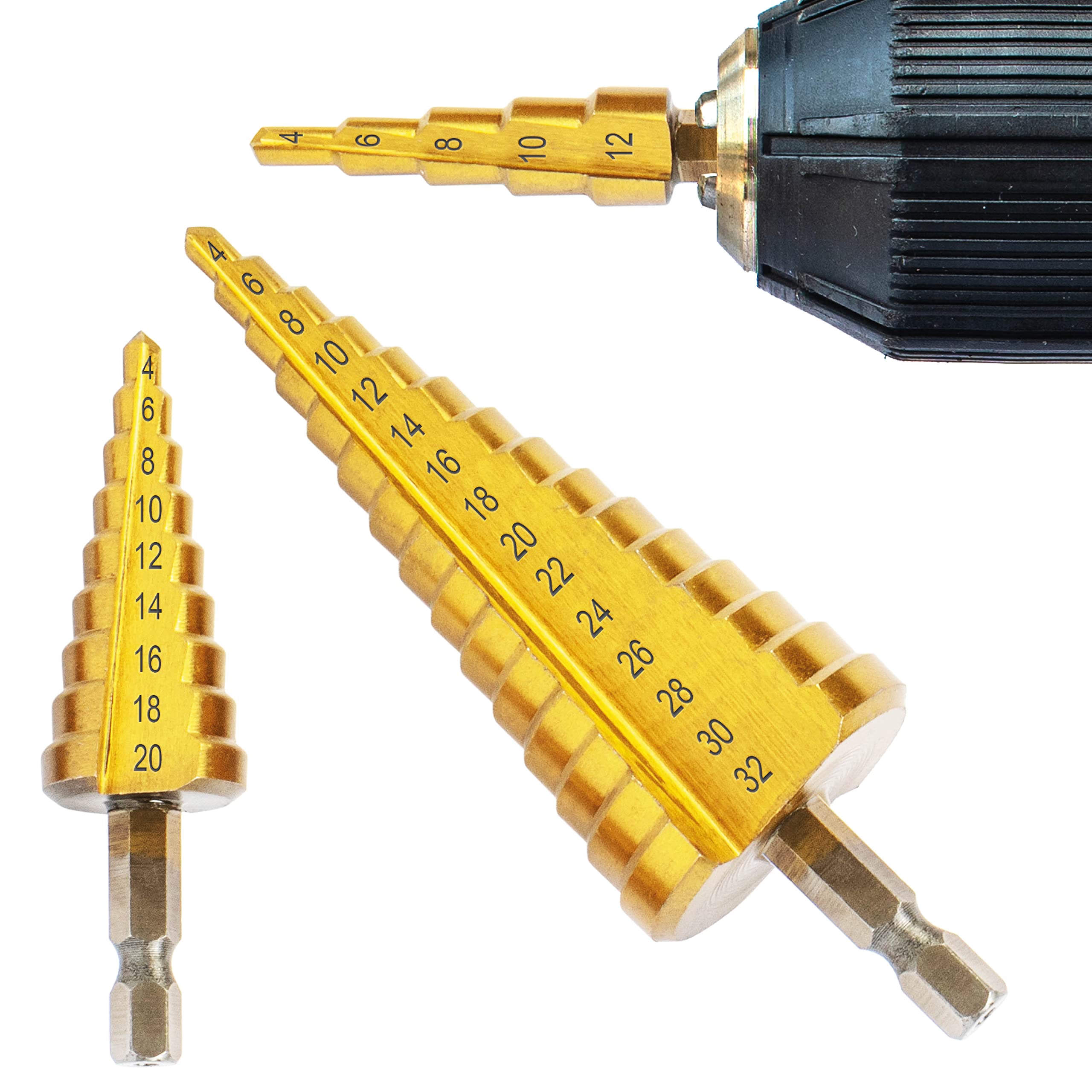 BLOSTM Step Drill Bit Set - 3pcs High Speed Cone Cutter HSS Drill Bit Set Includes 4-12mm, 4-20mm & 4-32mm - Step Drill Bit for Metal Sheet, Wood - 3 PACK Cone Cutter Set
