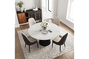 POVISON Modern Round Dining Table, White Dining Room Table for 4,Glossy Sintered Stone Tabletop & Solid Black Carbon Steel Ba