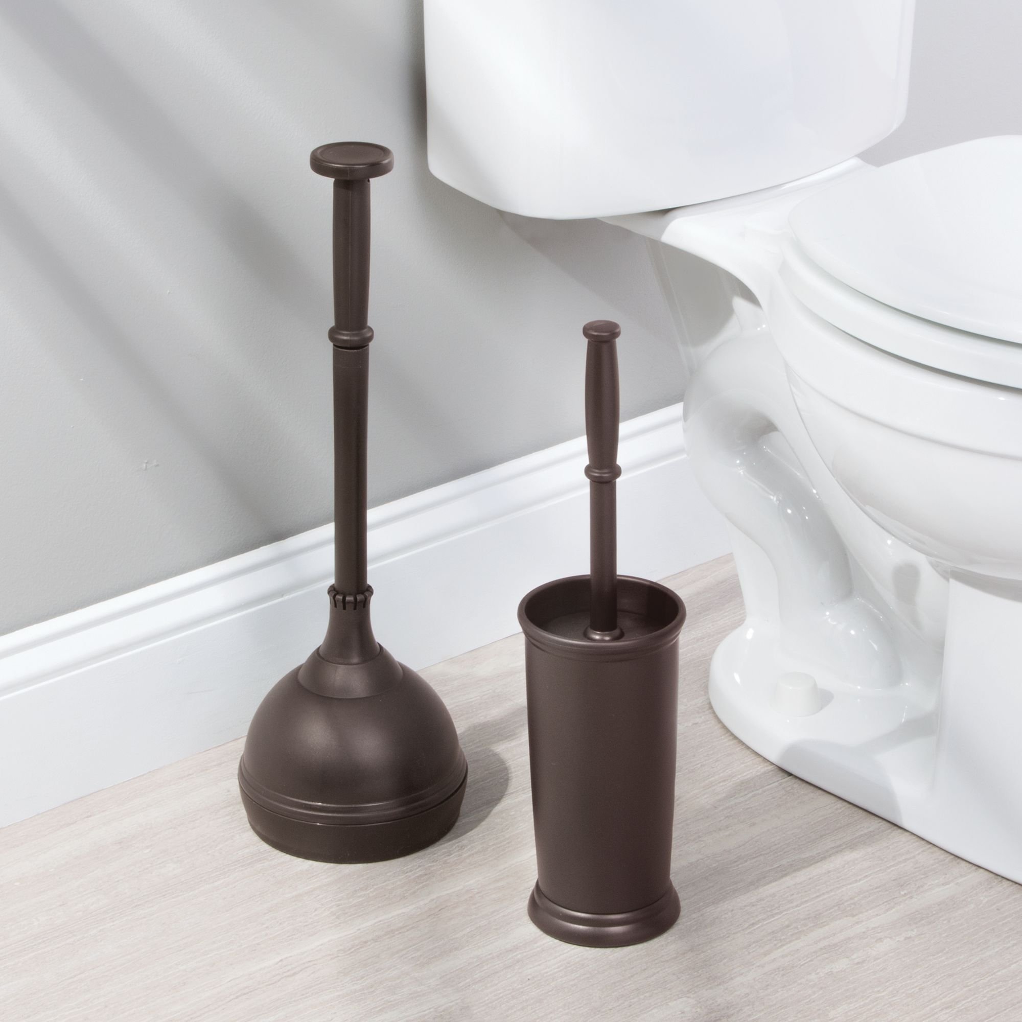 mDesign Bathroom Toilet Bowl Brush and Plunger Set of 2, Bronze