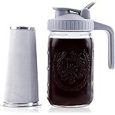 Cold Brew Coffee Maker 32 Oz Mason Jar Cold Brew Pitcher With Strainer 1 Quart Wide Mouth Glass Iced Coffee Maker With Spout Lids Glass Pitcher For Fridge, Sun Tea, Lemonade, Cold Brew