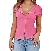 Cicy Bell Womens Short Cap Sleeve Crop Tops Fitted Button Down V Neck Shirts Y2k Going Out Cute Ribbed Knit Tshirts