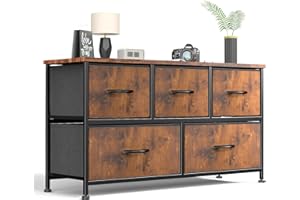 Sweetcrispy Dresser for Bedroom 5 Fabric Drawers Dresser Clothes Cabinet Storage Organizers and Wood Top Surface Table for TV, Chest of Drawers for Bedroom, Living Room, Hallway, Porch Organization