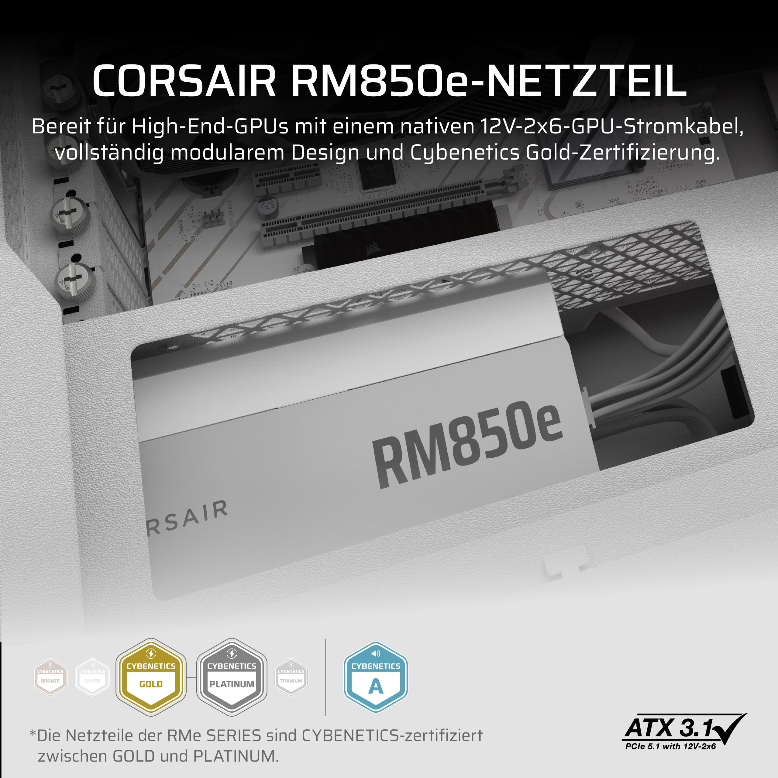 CORSAIR RM850e (2025) Geräuscharmes Vollständig Modulares ATX-Netzteil mit 12V-2x6 Kable – Zero RPM-Lüftermodus, ATX 3.1-Konform, PCIe 5.1-Unterstützung, Cybenetics Gold – Weiß 2