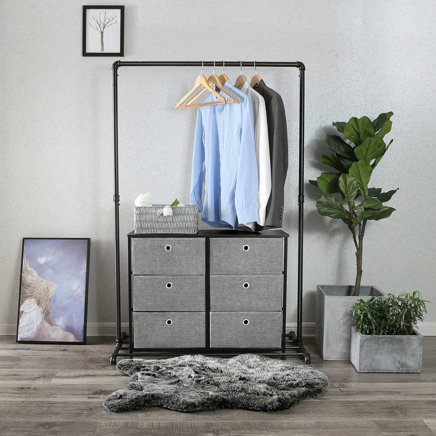 SONGMICS 3-Tier Wide Dresser, Storage Unit with 6 Easy Pull Fabric Drawers, Metal Frame, and Wooden Tabletop, for Closet, Nursery, Hallway, 31.5 x 11.8 x 24.8 Inches, Gray ULTS23G: Furniture & Decor