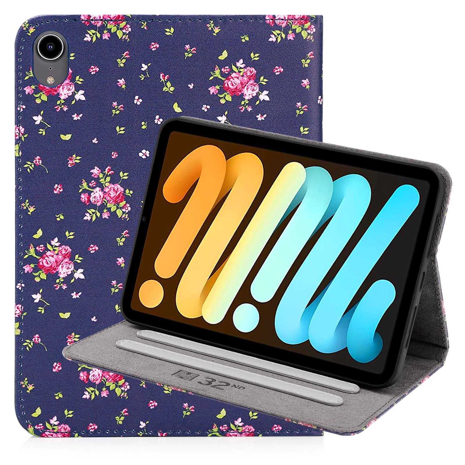 32nd Floral Series - Design PU Leather Book Folio Case Cover for Apple iPad Mini 6 (2021), Designer Flower Pattern Flip Case With Built In Stand - Vintage Rose Indigo