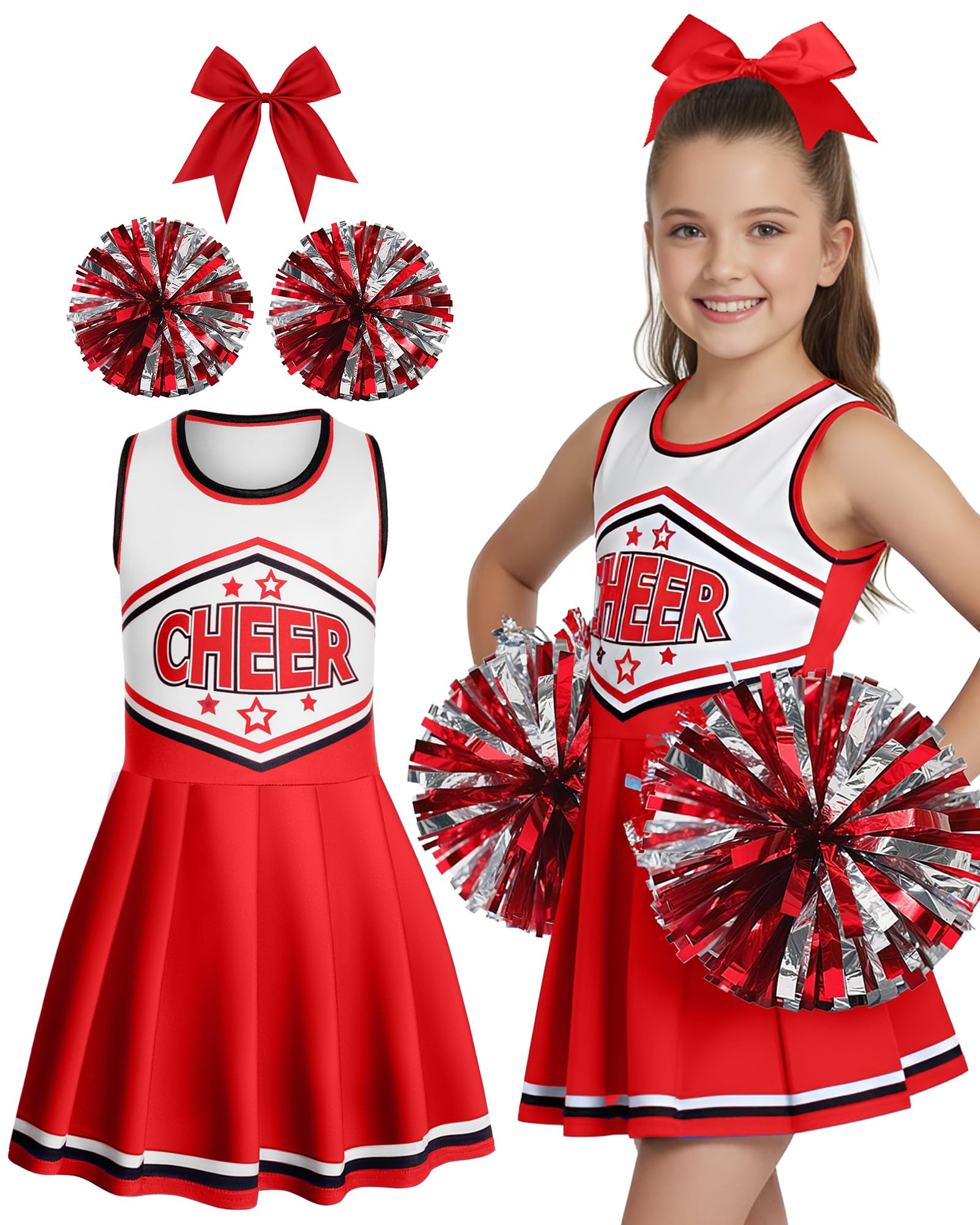 Photo 1 of JenPen Cheerleader Costume Cheerleading Outfit Dress Cheer Uniform with Bow Halloween Dress up Gifts (5-7 Years,Red)