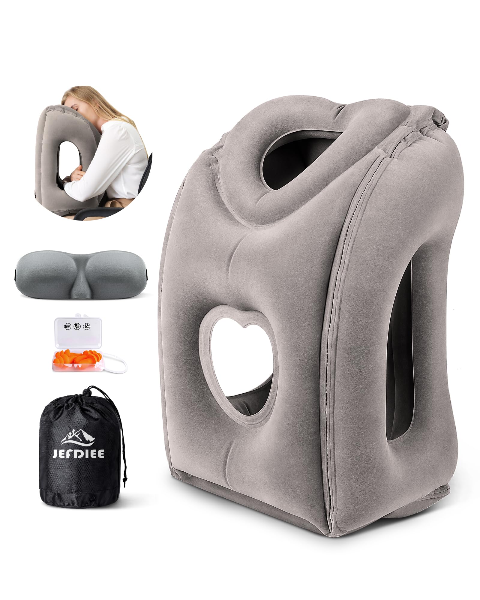 Photo 1 of JefDiee Inflatable Travel Pillow, Airplane Neck Pillow Comfortably Supports Head and Chin for Airplanes, Trains, Cars Office Napping on The Tray Table (Grey)