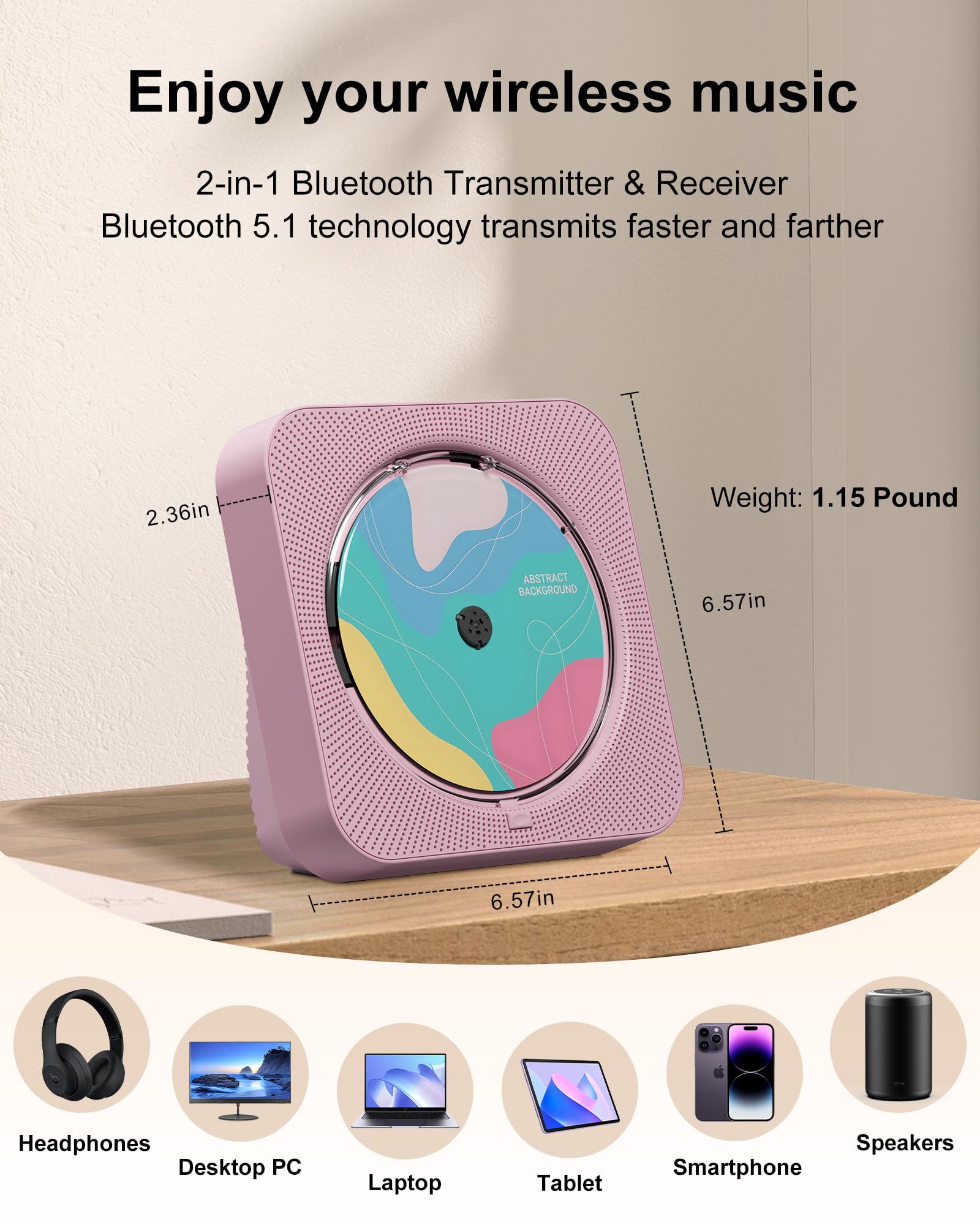 CD Player Portable with Bluetooth 5.1Desktop CD Player with HiFi Sound Speakers,Remote Control,Dust Cover,LED Display,Boombox FM Radio,USB/AUX for Home (Pink)