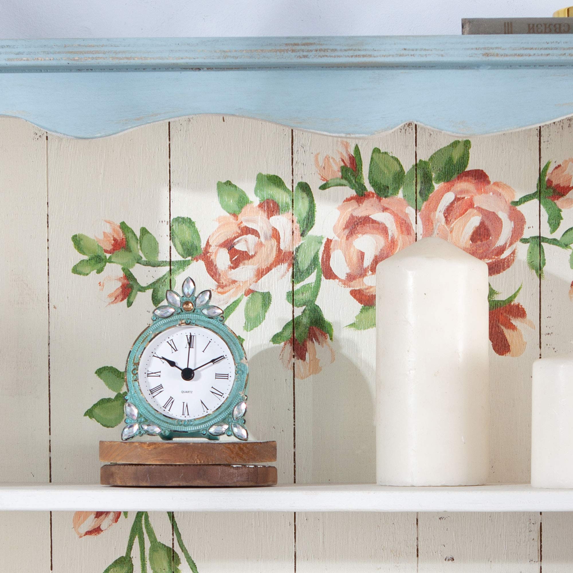 NIKKY HOME Vintage Pewter Quartz Mini Table Clock with Crystal Shining Rhinestone, 2.87 x 1.37 x 3.87 Inches, Aqua