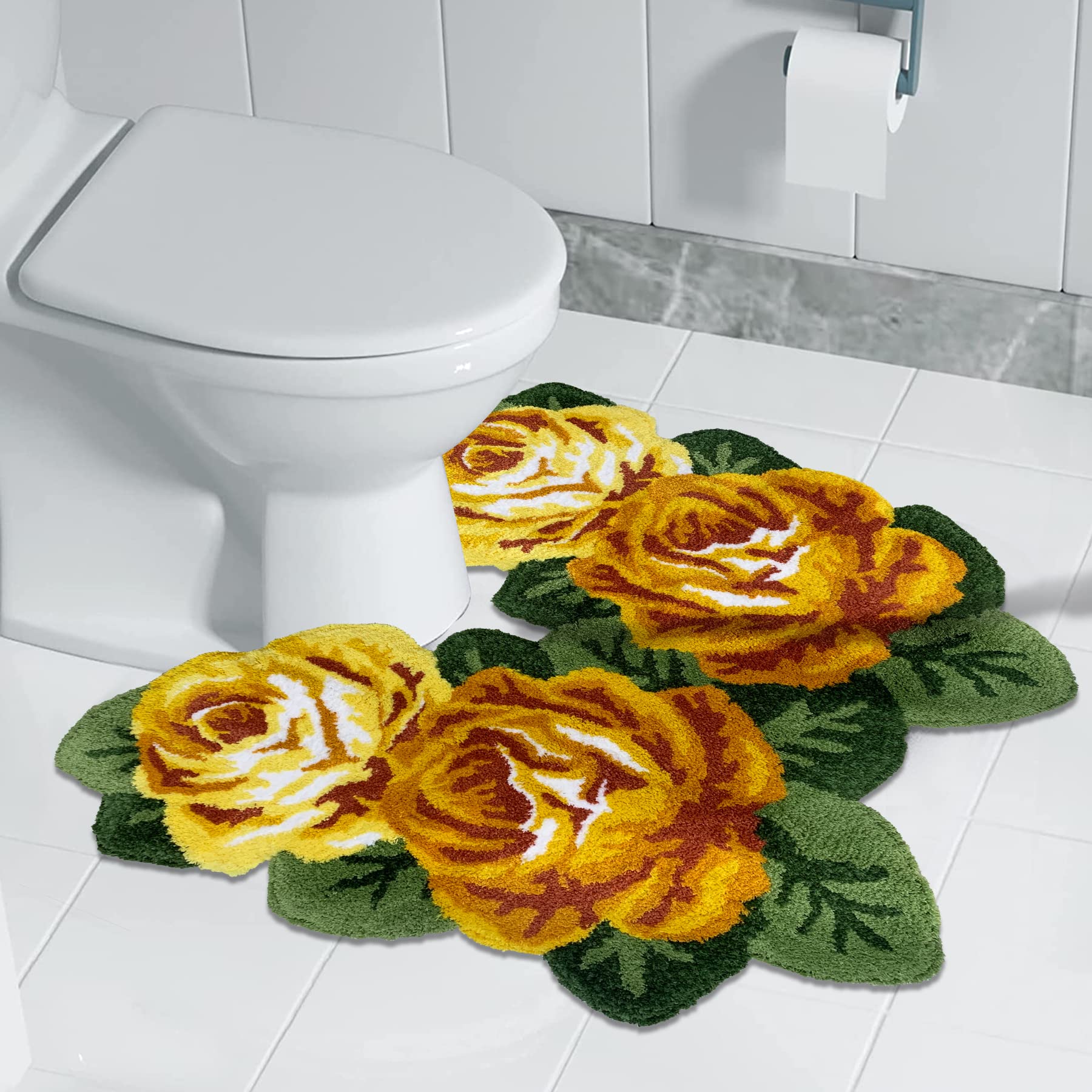 Photo 1 of ABREEZE Rose Bath Rugs U Shaped Bath Mat, Soft Comfortable, Extra Thick Rose Mat, Super Water Absorbent, Machine Washable Non Slip Shaggy Mats for Tub (31 x 29 Inches, Yellow)