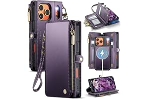 Defencase for iPhone 17 Pro Magnetic Wallet Case Compatible with Magsafe with RFID Blocking Zipper & Card Holder for Women Men PU Leather Strap Detachable Case for iPhone 17 Pro (6.3 inch), Purple