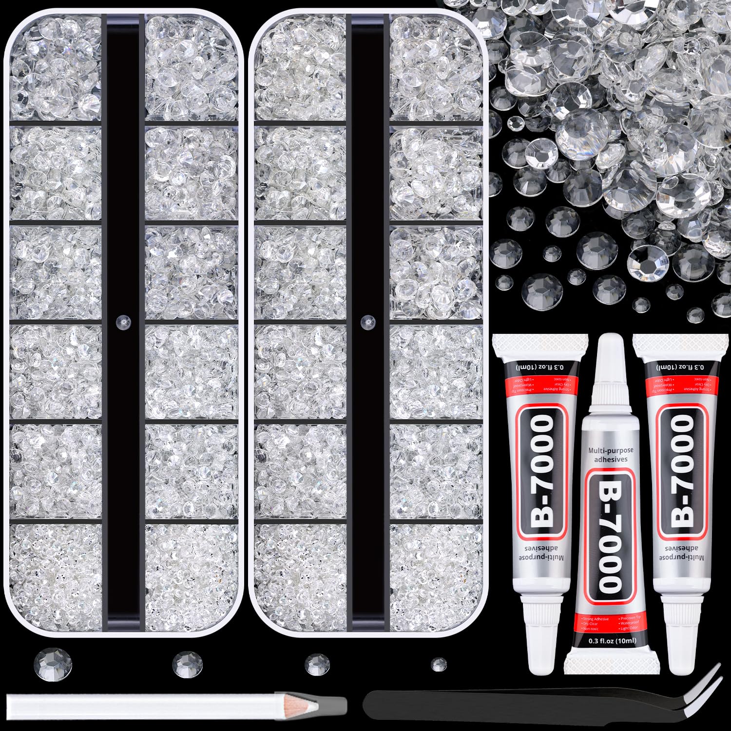 Photo 1 of 12100Pcs Resin Rhinestones for Crafting with 3Pcs 10ml B7000 Jewelry Glue, 2 Boxes Flatback Crystals Diamond (Transparent) for Bedazzling Crafts DIY Nail Art?Non Hotfix Gems for Clothing Shoes