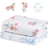 IBESTOPIA 2-Pack 100% Cotton Muslin Swaddle Blankets, Large 47 x 47 Inches — Breathable Soft Receiving Blankets for Newborns, Swaddling Wraps, Baby Essentials, Registry Gift (Rose & Bow Duo)