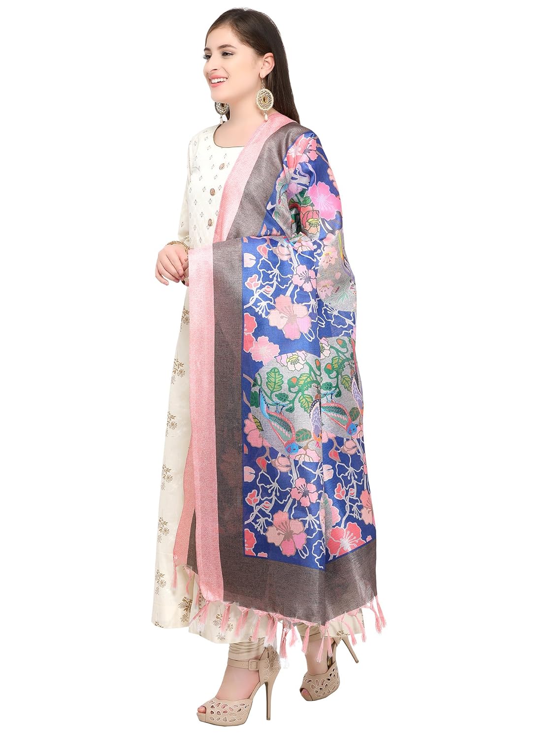 applecreation women's khadi silk dupatta(blue and light pink_free size)