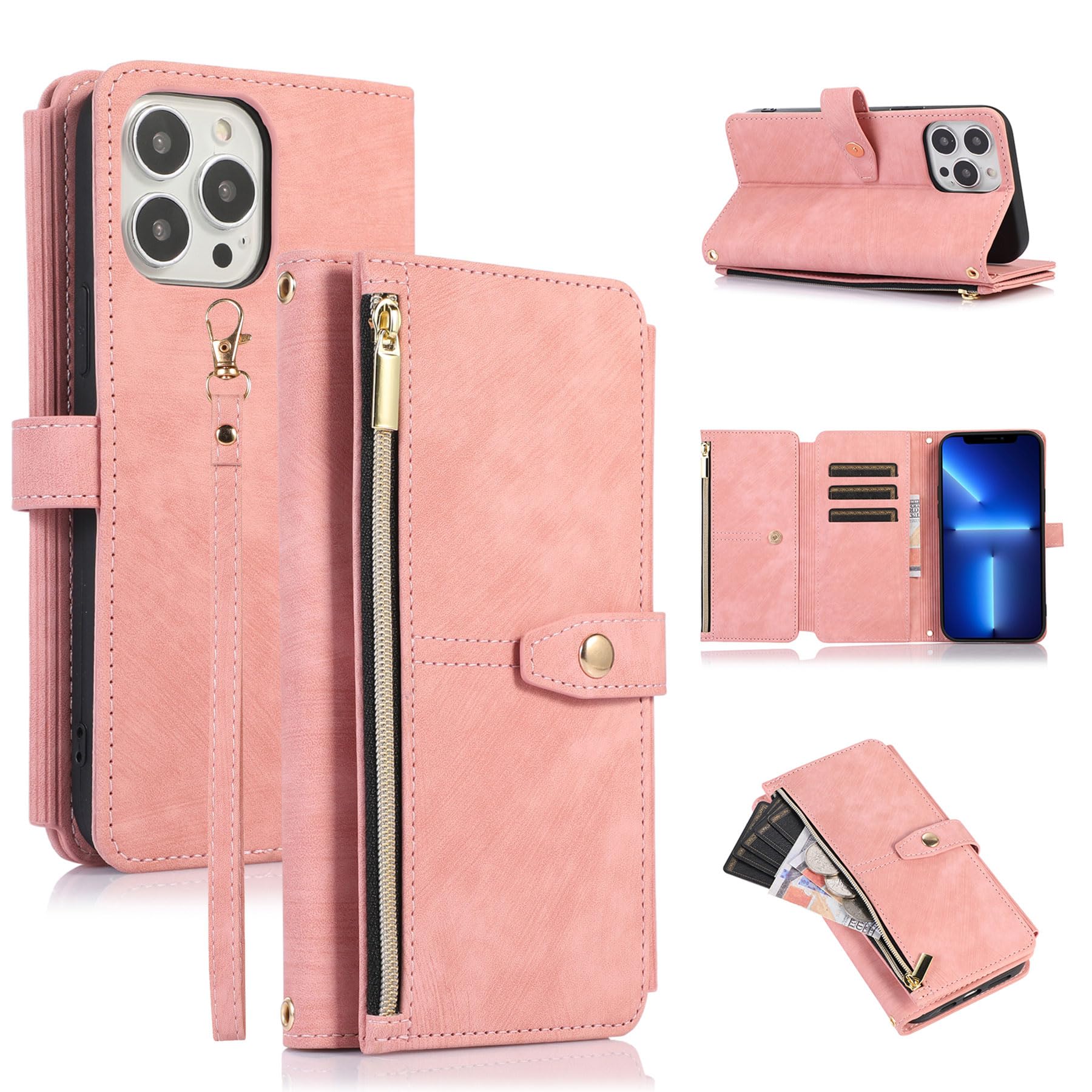 ZCDAYE Wallet Case for iPhone 14 Pro, Premium Leather Phone Case Women Ladies Holster with Card Slots Wrist Strap Zipper Flip Phone Cover for iPhone 14 Pro (6.1 inches), Rose Gold