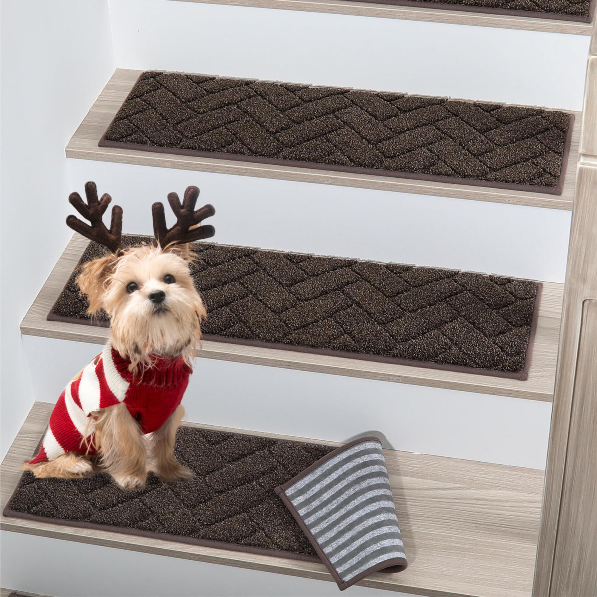 Photo 1 of BEQHAUSE Stair Treads Non Slip Stair Runners Step Carpet Mat for Wooden Steps Indoor Machine Washable 28inX9in Edging Polyester Soft Stair Rugs for Kids Elders Pets with TPE Backing(Brown,4pcs)